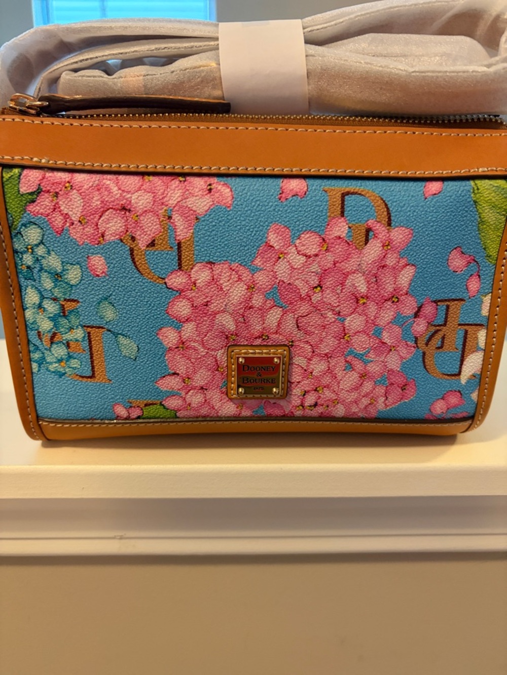Dooney & Bourke Sky Blue Pink Floral Crossbody with Tan Trim